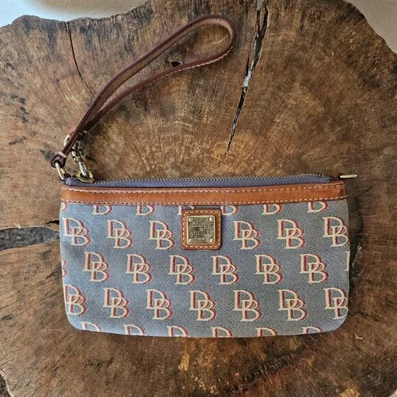 Dooney & Bourke DB Monogram Wristlet Blue Canvas Brown Leather Trim Small Bag - Picture 6 of 10